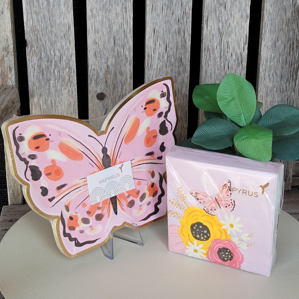 Papyrus Pink and Gold Butterfly  Plastic Plates & Napkins